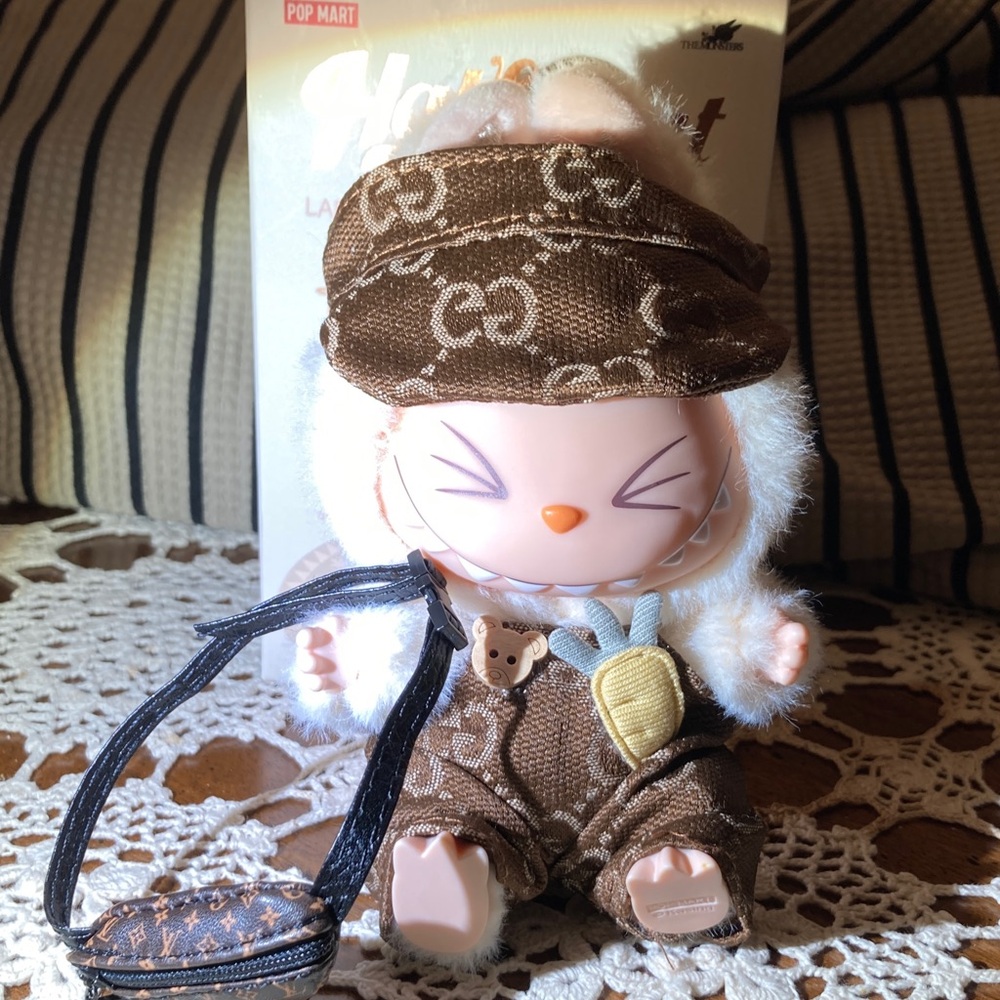 LABUBU fashion Clothes Brown Patterned overalls, hat, Fashion LV purse NO DOLL